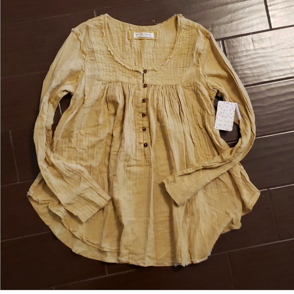 NWT Free People yellow tan Long-Sleeve Button Front Peasant Top